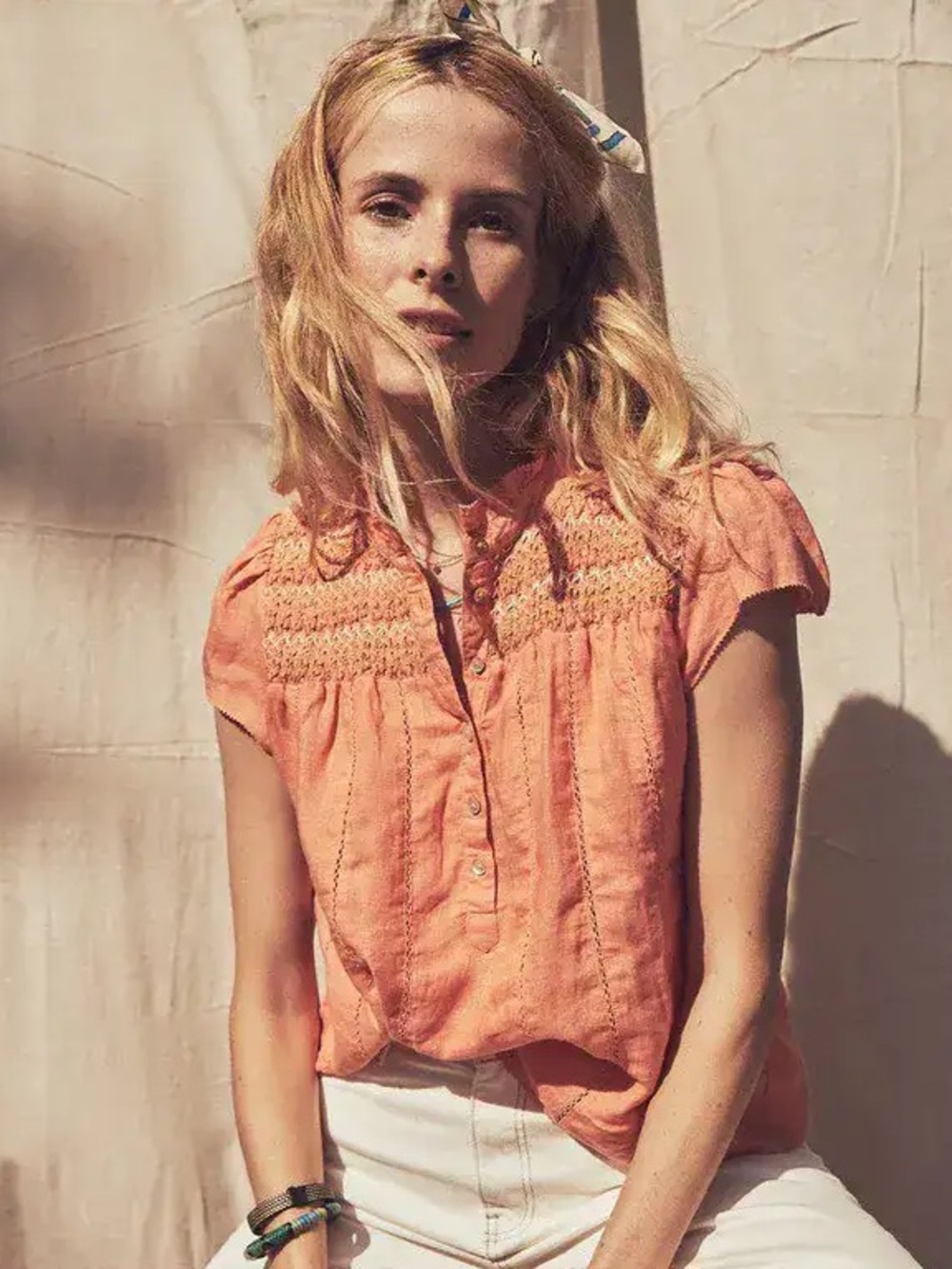 Faherty Brand Peach Button-Front Smocked Yoke Kaia Embroidered Linen Top Rhythm